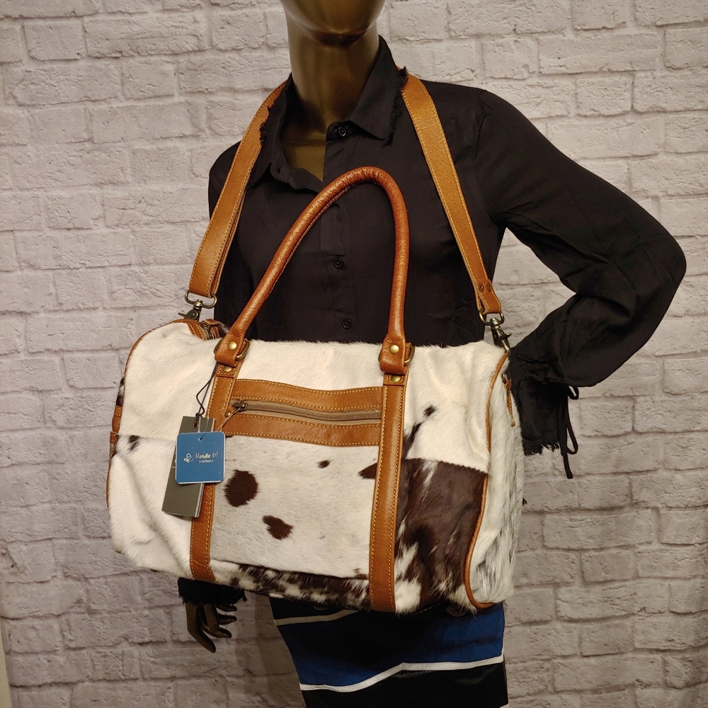 New Myra Bag Onyx Cowhide Leather Mini Small Duffel Western Travel Weekender - Picture 13 of 15